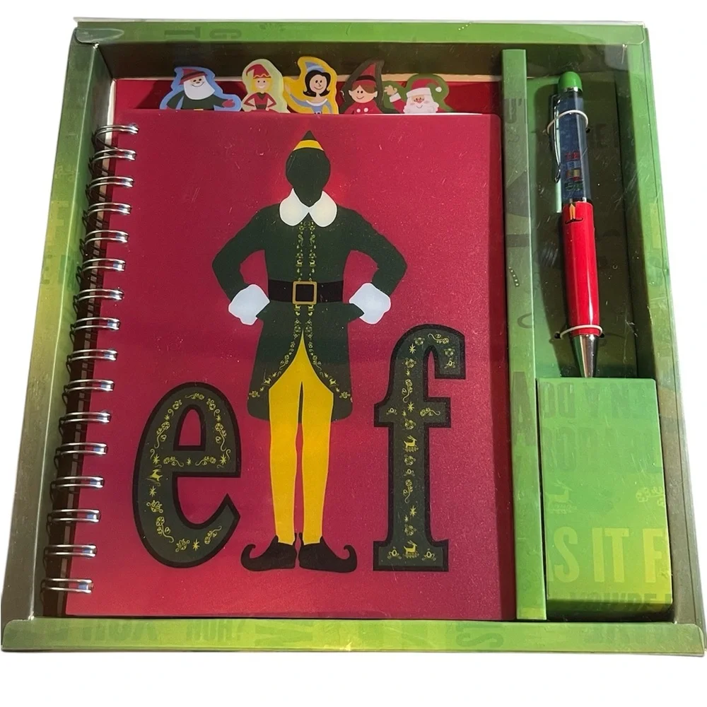 5 Peice Elf Themed Spiral Journal Stationery Hunter Green Red Gift Set Pen